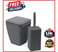 Charcoal Faux Rattan Bathroom Set with Swing Lid Bin and Toilet Brush Holder