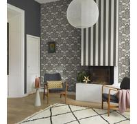 Rasch Charcoal Gold Cream Damask Pattern Floral Paste The Wall Wallpaper