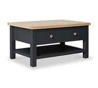 Charcoal Grey Large Coffee Table for Living Room with Storage Drawer, Shelves & Oak Top | Contemporary Painted Solid Wooden Rectangular Unit | H:45 W:85 D:55 cm