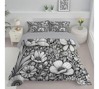 Charcoal Grey Striped Flowers Double Duvet, Reversible Coverless Hand Painted Plants Duvet, Anti Allergy Bed Quilt For All Seasons - 1 Soft Washable Comforter Bedding With Pillowcases