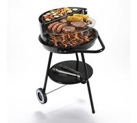 Relaxdays charcoal barbecue on castors, Ø 47 cm, Garden & Park, wind guard, shelf, warming rack, black