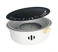 Charcoal Grill with Wooden Handles Safe Touch Cool | Round compact shape, fits small spaces, portable carry, backyard picnic camping, metal build(Thickened white)