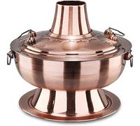 Charcoal Hot Pot Vintage Copper Shabu Shabu Pot with Chimney Stainless Steel Shabu Hotpot Cooker Soup Pot Cookware for 3-6 People Family Party (Red Copper),36cm