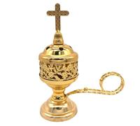 Charcoal Incense Burner, Catholic Metal Carving Holllowed Incense Burner with Cross Handle, Exquisite Frankincense for Yoga, Spa Aromatherapy, Office (Golden)