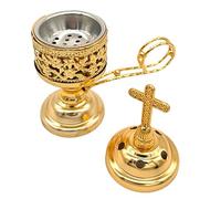 Charcoal Incense Burner, Frankincense Resin Burner with Handle & Cross Lid, Exquisite Catholic Incense Burner, Iron Incense Holder for Aromatherapy, Yoga and Spa, Home (Golden)