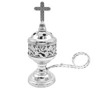 Charcoal Incense Burner Plated Iron Incense Holder Catholic Burner with Handle and Cross Exquisite Frankincense for Home Church, Silver, Decor