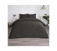 (Charcoal, Single) OHS Quilted Seersucker Duvet Set Geo Filled Plush Plump Warm Soft Cosy Duvet Cover With Pillowcase Bedding Set Single Double King Super King