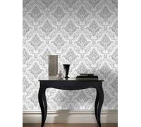 Charcoal White Ornament Damask Quality Feature Textured Wallpaper 319620 Rasch