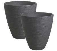 (Charcoal , x2) Round Plastic Ribbed Plant Flower Planter Pots Set