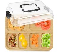 Charcuterie Board,Portable Travel Wooden Cutting Board Fruit Tray with Clear Lid and 6 Compartment, Large Capacity Cheese Board Serving Tray Platter Box Gift Set for Parties Guests Picnics