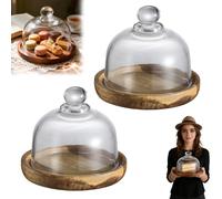 Charcuterie Snow Globe Container, Mini Cake Stand with Glass Dome, Wood and Glass Display, Creative Table Decor for Charcuterie, Appetizers, Mini Cakes, Holiday Tables & Parties (Natural wood,2PCS)