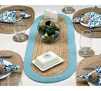 CHARDIN HOME Verona Oval Woven Jute & Cotton Braided Table Runner, Size -13 x 36 Inches, Color - Natural Jute with Aqua Border