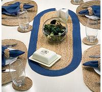 CHARDIN HOME Verona Oval Woven Jute & Cotton Braided Table Runner, Size -13 x 36 Inches, Color - Natural Jute with Navy Blue Border