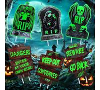 Charfia 6 Pack Halloween Yard Signs Decorations, Fluorescent Design RIP Tombstones, Beware Signs and Plastic Stakes, Halloween Tombstones Outdoor Decor, Scary Decor Outside Spooky Fake Graveyard
