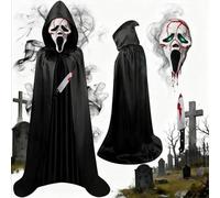Charfia Halloween Vampire Cape Black, Ghostface Mask, Bloody Knife, Latex Ghost Mask, Halloween Mask Scream, Halloween Scream Costume, for Carnival, Fancy Dress, Halloween Party (Black)