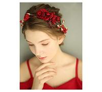 Chargances Bride Floral Red Headband Hair Vine With Crystal and Pearl - Wedding Hair Accessory, Rhinestone Hair Piece, Boho Delicate Handmade Jewelry Gift for Women and Girls