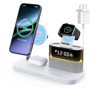Charging Station,5 In 1 Wireless Charger with Alarm Clock,15W Fast Charger Stand For iPhone17 16 15 14 13 Pro Max AirPods Apple Watch,Bedside Docking Station with Light,Gadgets For Men Women,33W Plug