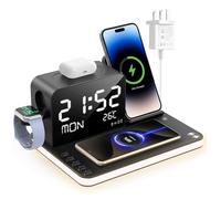 Charging Station,7 in 1 Dual Phone Wireless Charger with Clock,Bedside Docking Station with Light,33W Adapter,TimeSync,Fast Charger for iPhone17 16 15 14 13 12 Pro Max Apple Watch Airpods Samsung