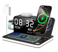 Charging Station,7 in 1 Dual Phone Wireless Charger with Clock,Beside Charging Dock with Light,33W Adapter,TimeSync,Fast Charger for iPhone 16 15 14 13 12 Pro Max Apple Watch Airpods (BLKE010-2)