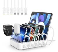 Charging Station for Multiple Devices,60W 6 Port Charger Station with 7 Mixed Charging Cables,USB Charging Dock,Compatible with Cellphone,Tablet, Kindle, iPhone iPad and More (White)