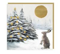 Charity Christmas Cards - Pack of 6 - Hare in the Snow Artistic Design - Moonlit Tree - Special Finish - Eco-Friendly