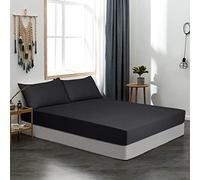 CHARKHAH Brushed Cotton Flannel Fitted Sheet for Single Double King Super King Bed Soft Thermal Plain Flannelette Bedding 30 cm Extra Deep Fitted Sheets with Elastic Edges (Black, Double)