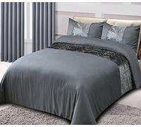 CHARKHAH Crushed Velvet Panel Band Duvet Cover Bedding Set Ultra Soft Breathable Fabric for Single Double King Size Bed with matching Pillow Cases 2 Pack (Double, Charcoal-Grey)