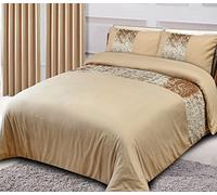 CHARKHAH Crushed Velvet Panel Band Duvet Cover Bedding Set Ultra Soft Breathable Fabric for Single Double King Size Bed with matching Pillow Cases 2 Pack (Super King, Campaign-Gold)