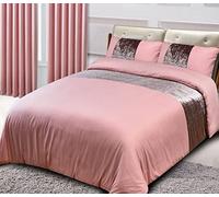 CHARKHAH Crushed Velvet Panel Band Duvet Cover Bedding Set Ultra Soft Breathable Fabric for Single Double King Size Bed with matching Pillow Cases 2 Pack (Double, Blush-Pink)