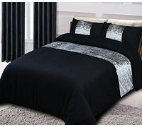 CHARKHAH Crushed Velvet Panel Band Duvet Cover Bedding Set Ultra Soft Breathable Fabric for Single Double King Size Bed with matching Pillow Cases 2 Pack (Single, Black)