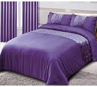 CHARKHAH Crushed Velvet Panel Band Duvet Cover Bedding Set Ultra Soft Breathable Fabric for Single Double King Size Bed with matching Pillow Cases 2 Pack (Single, Purple)