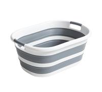 CHARKHAH Foldable Laundry Basket - Collapsible Washing Hamper for Clothes Storage - Durable Plastic Bin with Handles - Modern & Classic Style - White & Grey Color in Oval Design (Classic Small 47 L)