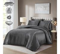 CHARKHAH Luxury Satin Bedding Set 10 pcs Satin Silk Complete Bedding Set with Duvet Cover, Fitted Sheet Pillowcases plus Accessories (Silver, Double)