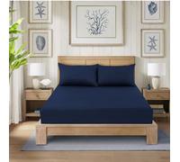 CHARKHAH Polycotton Fitted Sheet for Single Double King Super King Bed 200 Thread Count Anti Wrinkle Plain Bedding 25 cm Extra Deep Fitted Sheets Cover with Elastic Edges (Navy-Blue, Single)