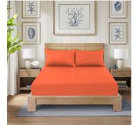 CHARKHAH Polycotton Fitted Sheet for Single Double King Super King Bed 200 Thread Count Anti Wrinkle Plain Bedding 25 cm Extra Deep Fitted Sheets Cover with Elastic Edges (Orange, King)