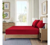CHARKHAH Polycotton Fitted Sheet for Single Double King Super King Bed Anti Wrinkle Plain Bedding 25 cm Extra Deep Fitted Sheets Cover with Elastic Edges (Red, 40CM-Single)
