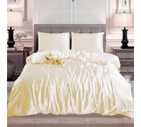 Charkhah Satin Silk 3 Piece Duvet Cover Set Silky Soft Wrinkle Free Solid Color Bedding Includes 1 x Duvet Cover with Zipper Closure and 2 x Pillowcases Weather (CREAM, DOUBLE)
