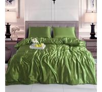 Charkhah Satin Silk 3 Piece Duvet Cover Set Silky Soft Wrinkle Free Solid Color Bedding Includes 1 x Duvet Cover with Zipper Closure and 2 x Pillowcases Weather (OLIVE GREEN, DOUBLE)