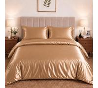 CHARKHAH Satin Silk 3 Piece Duvet Cover Set Silky Soft Wrinkle Free Solid Color Bedding Includes 1 x Duvet Cover with Zipper Closure and 2 x Pillowcases Weather (DULL GOLD, SINGLE)