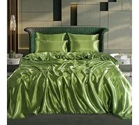 CHARKHAH Satin Silk 6 Piece Complete Bedding Set Durable Silky Fabric with Single Double King Size Bed Fitted Sheet Duvet Cover Comforter and 4 Pillow Cases (Olive, Super King)