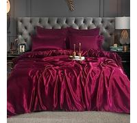 CHARKHAH Satin Silk 6 Piece Complete Bedding Set Durable Silky Fabric with Single Double King Size Bed Fitted Sheet Duvet Cover Comforter and 4 Pillow Cases (Double, Burgundy)