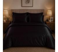 CHARKHAH Satin Silk 6 Piece Complete Bedding Set Durable Silky Fabric with Single Double King Size Bed Fitted Sheet Duvet Cover Comforter and 4 Pillow Cases (Super King, Black)