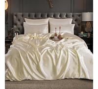 CHARKHAH Satin Silk 6 Piece Complete Bedding Set Durable Silky Fabric with Single Double King Size Bed Fitted Sheet Duvet Cover Comforter and 4 Pillow Cases (Double, Cream)