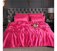 CHARKHAH Satin Silk 6 Piece Complete Bedding Set Durable Silky Fabric with Single Double King Size Bed Fitted Sheet Duvet Cover Comforter and 4 Pillow Cases (Super King, Fuchsia-Pink)