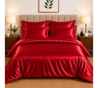 CHARKHAH Satin Silk 6 Piece Complete Bedding Set Durable Silky Fabric with Single Double King Size Bed Fitted Sheet Duvet Cover Comforter and 4 Pillow Cases (Super King, Red)