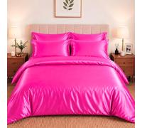 CHARKHAH Satin Silk 6 Piece Complete Bedding Set Durable Silky Fabric with Single Double King Size Bed Fitted Sheet Duvet Cover Comforter and 4 Pillow Cases (King, Fuchsia-Pink)