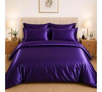 CHARKHAH Satin Silk 6 Piece Complete Bedding Set Durable Silky Fabric with Single Double King Size Bed Fitted Sheet Duvet Cover Comforter and 4 Pillow Cases (Single, Aubergine)