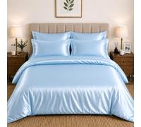 CHARKHAH Satin Silk 6 Piece Complete Bedding Set Durable Silky Fabric with Single Double King Size Bed Fitted Sheet Duvet Cover Comforter and 4 Pillow Cases (Single, Sky)