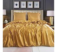 CHARKHAH Satin Silk 6 Piece Complete Bedding Set Durable Silky Fabric with Single Double King Size Bed Fitted Sheet Duvet Cover Comforter and 4 Pillow Cases (Gold, Super King)