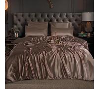 CHARKHAH Satin Silk 6 Piece Complete Bedding Set Durable Silky Fabric with Single Double King Size Bed Fitted Sheet Duvet Cover Comforter and 4 Pillow Cases (Super King, Mink)